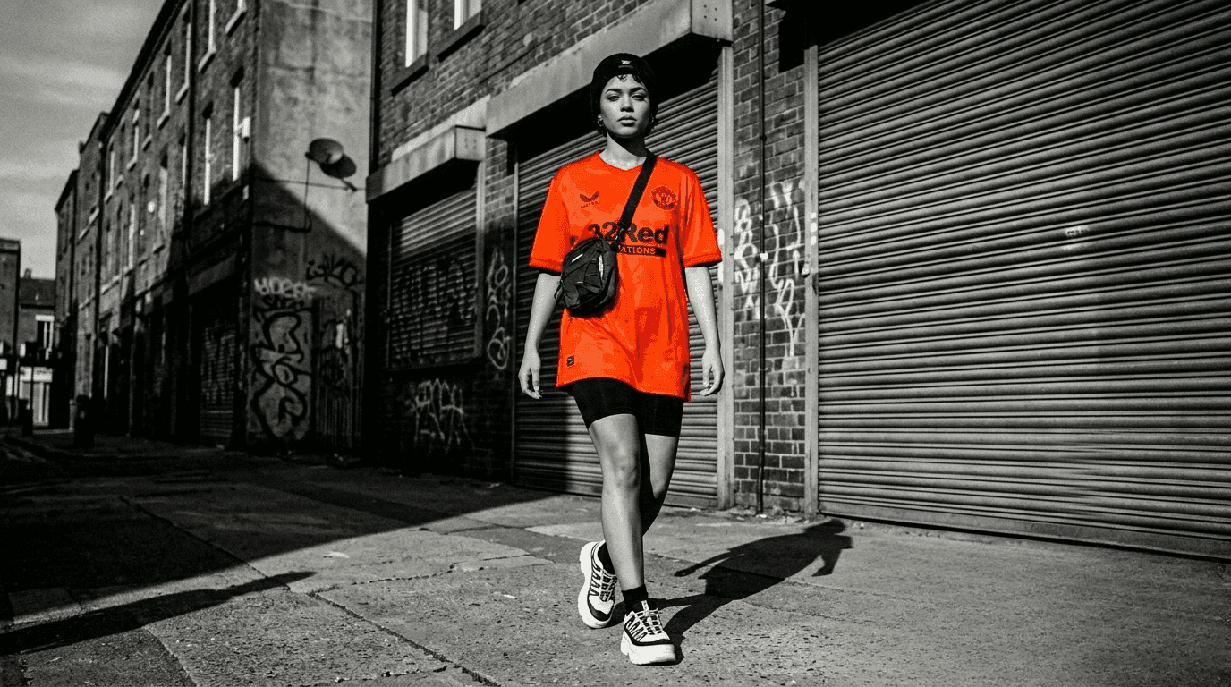 Female fan walking in a red club shirt